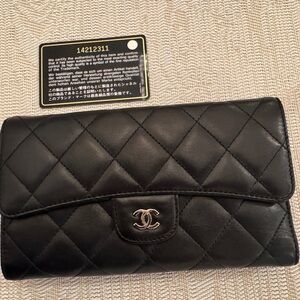 CHANEL Black Quilted Long Wallet Lambskin Leather with Silver Logo